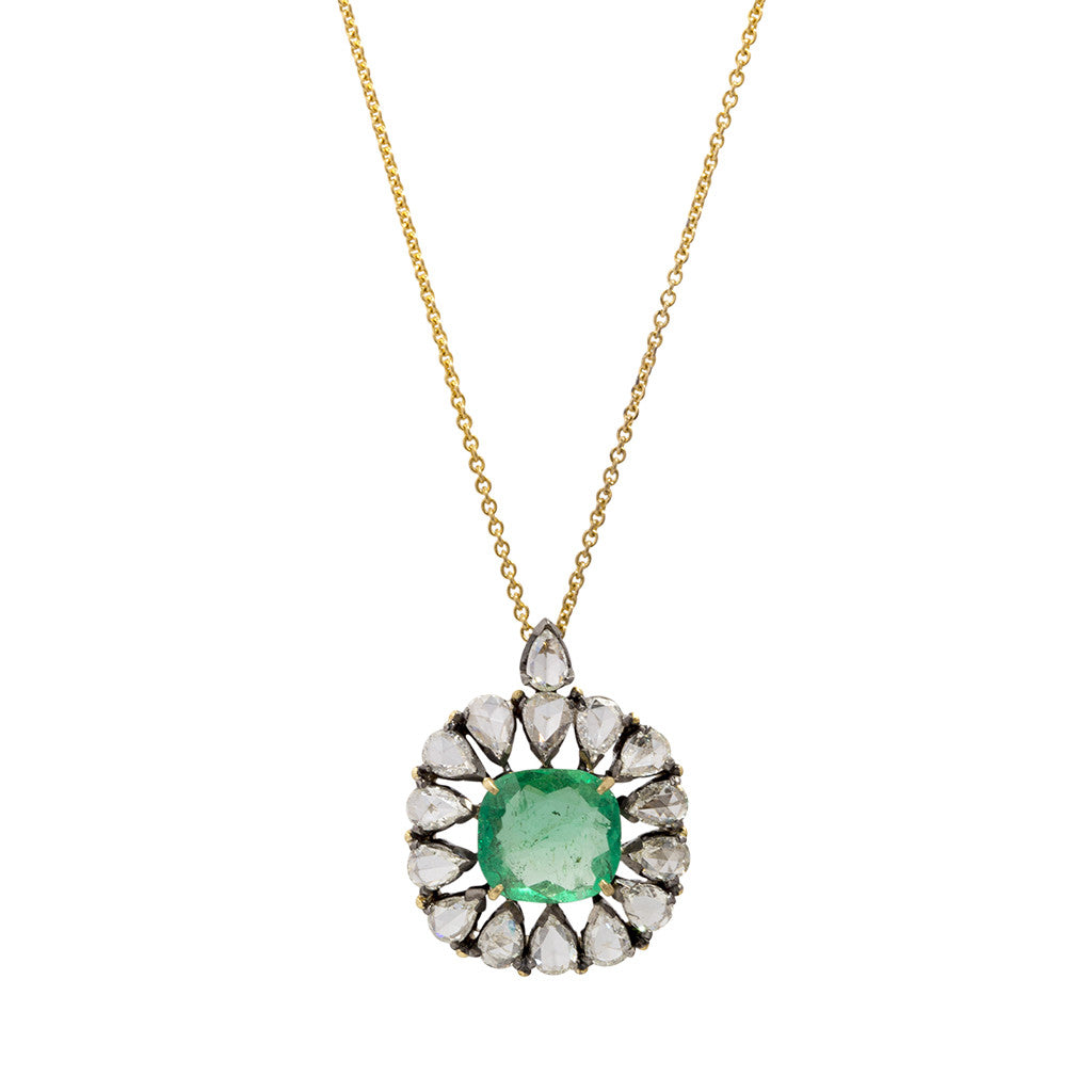 Diamond & Emerald Drop Pendant Necklace
