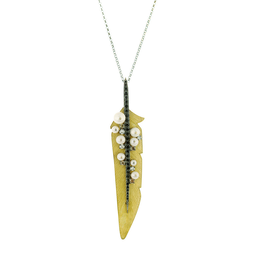 Pearl & Diamond Feather Pendant